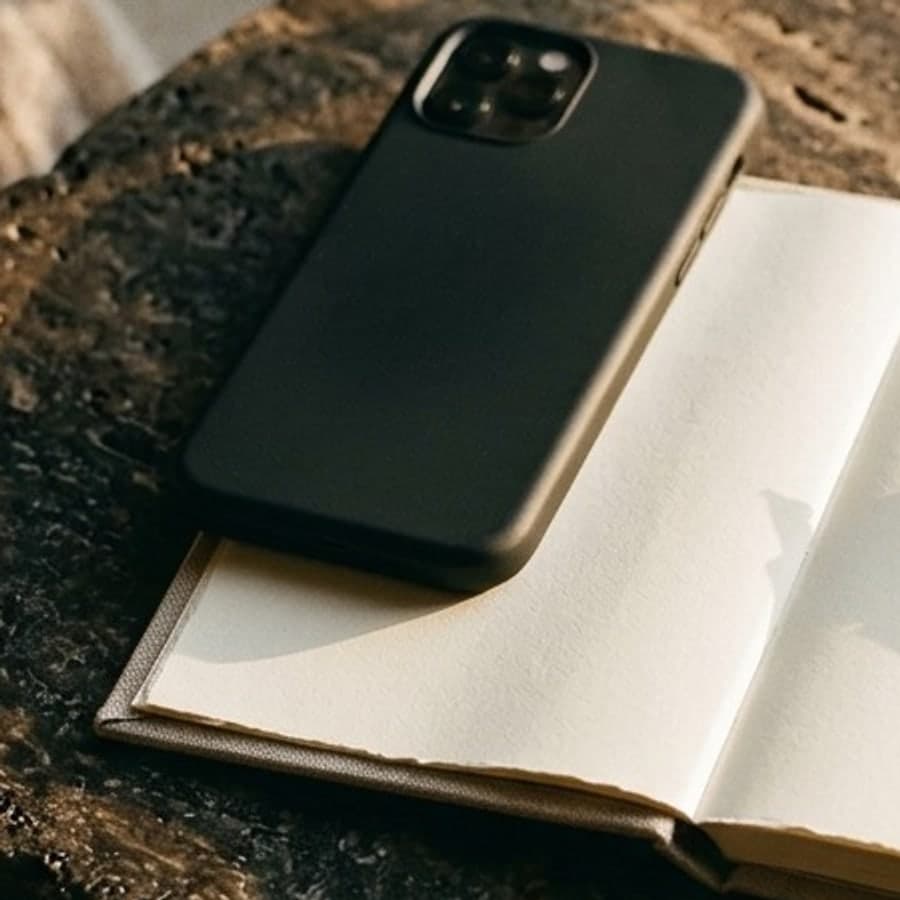 Un téléphone posé sur un carnet ouvert, dans la lumière du soir