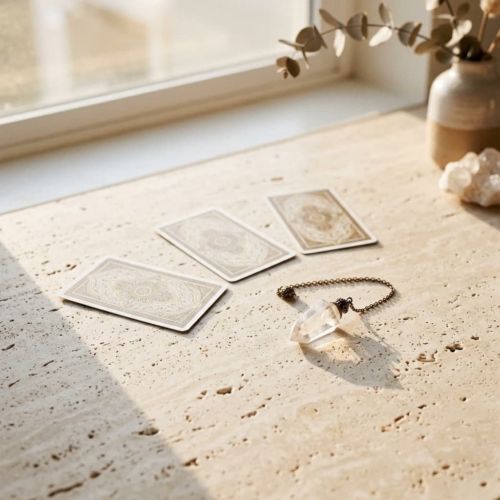 Trois cartes posées en chemin et un pendule en cristal sur une pierre claire